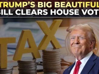 Trump stands confidently in front of stacks of coins and large tax letters.