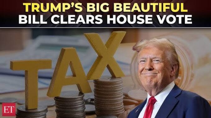 Trump stands confidently in front of stacks of coins and large tax letters.