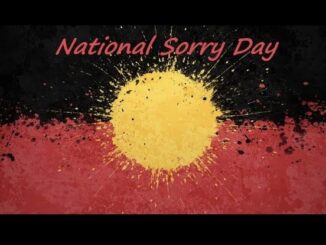 Abstract art with a yellow circle and red background, titled National Sorry Day.