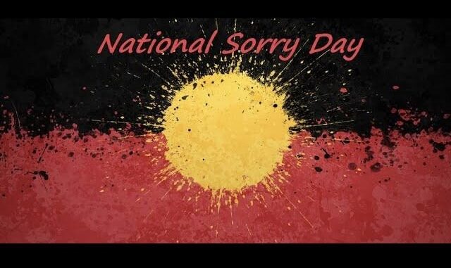 Abstract art with a yellow circle and red background, titled National Sorry Day. Abstract art with a yellow circle and red background, titled National Sorry Day.