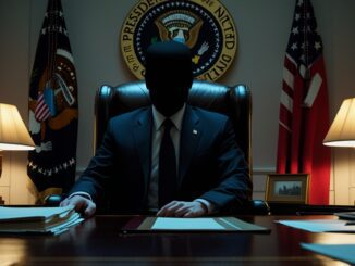 Silhouetted figure at a presidential desk with American flags.