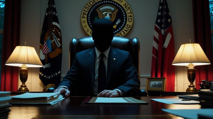 Silhouetted figure at a presidential desk with American flags.