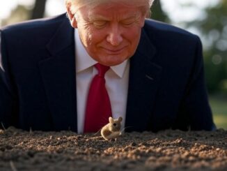 A man in a suit closely observing a tiny animal on soil.