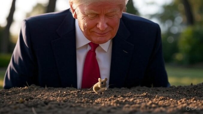A man in a suit closely observing a tiny animal on soil.