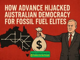 Illustration depicting fossil fuel elites hijacking Australian democracy with money.