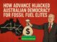Illustration depicting fossil fuel elites hijacking Australian democracy with money.