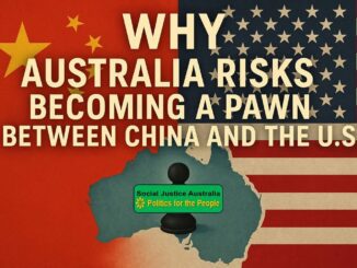 Map highlighting Australia between China and the US with a cautionary title.