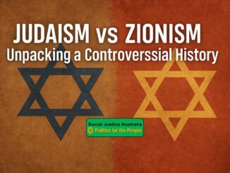 A graphic comparing Judaism and Zionism with a controversial history theme.