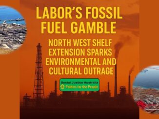 Protest sign against fossil fuel drilling on North West Shelf due to environmental and cultural concerns.