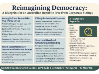 A detailed infographic titled 'Reimagining Democracy' exploring democracy and corporate power.