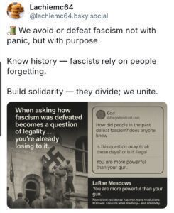 A quote emphasizing unity against fascism and the importance of historical awareness.