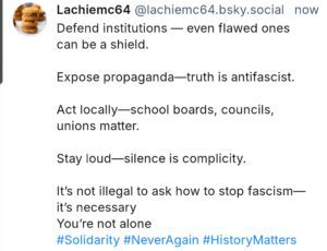 Text urging exposure of propaganda and antifascist action locally in institutions.