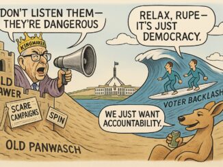 A political cartoon showing waves labeled with issues threatening democracy.