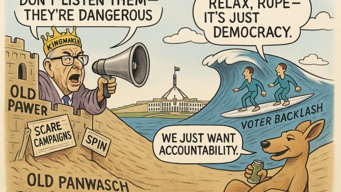 A political cartoon showing waves labeled with issues threatening democracy.