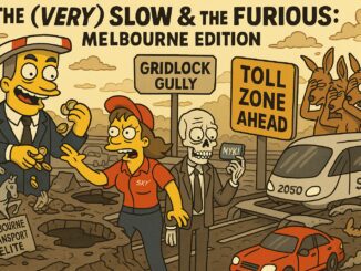 Cartoon depicts a chaotic traffic jam with toll zone and gridlock signs in Melbourne.