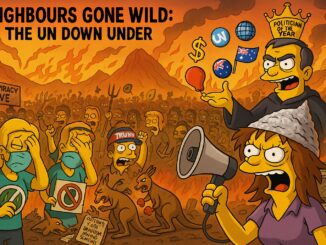Cartoon chaos with characters and wild creatures at a lively event.