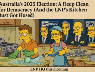 A satirical cartoon showing LNP HQ during Australia's 2025 election with characters from The Simpsons.