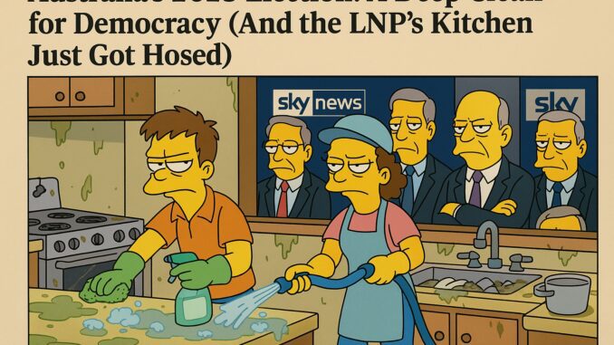 A satirical cartoon showing LNP HQ during Australia's 2025 election with characters from The Simpsons.