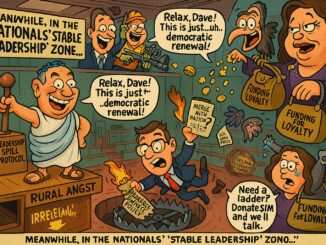 Cartoon depicting political chaos and satire within the Republicans and Democrats.
