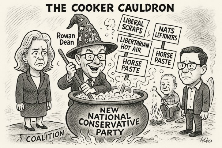 Political cartoon depicting the formation of the New National Conservative Party.