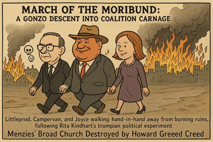 Political cartoon showing three men walking away from a fiery scene.
