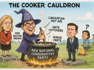 Political cartoon criticizing the New National Conservative Party's policies.