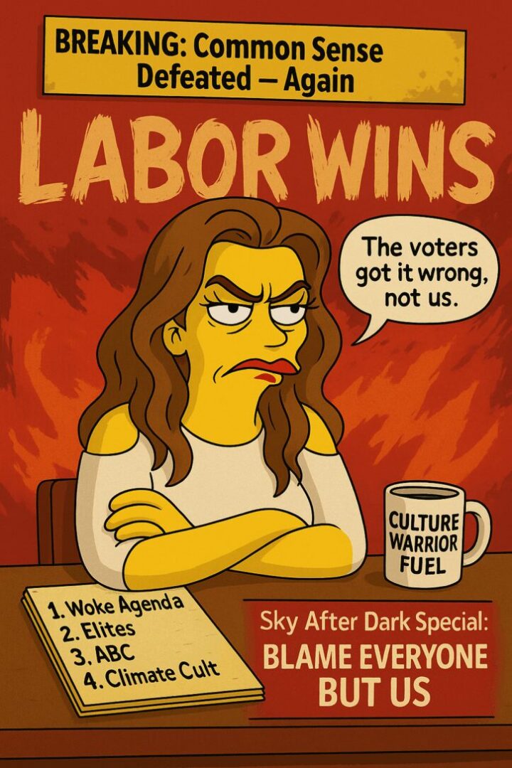 A character holds a sign saying 'Labor Wins' with a defiant expression.