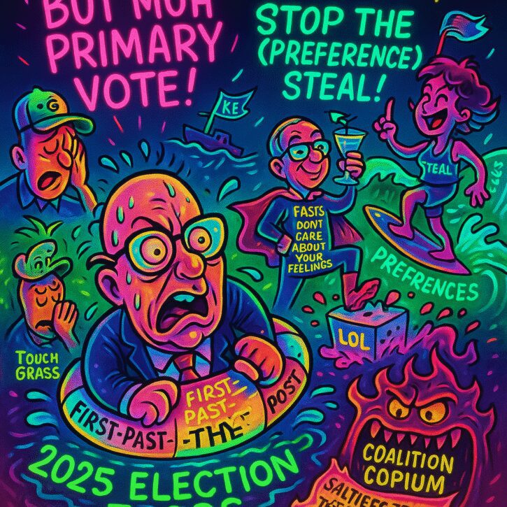 A vivid political cartoon warning about election interference and manipulation in 2025.