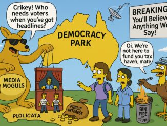 Satirical cartoon depicting Democracy Park in Australia with protesters and politicians.
