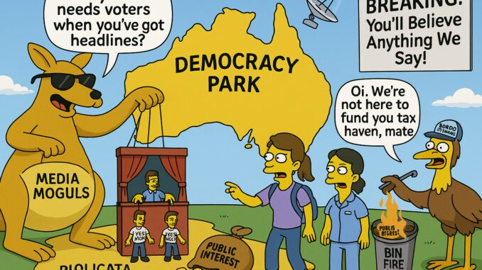 Satirical cartoon depicting Democracy Park in Australia with protesters and politicians. Satirical cartoon depicting Democracy Park in Australia with protesters and politicians.