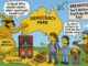 Satirical cartoon depicting Democracy Park in Australia with protesters and politicians.