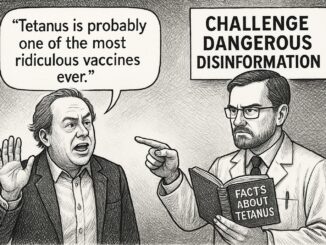 A man debates vaccine safety while another reads a book on tetanus facts.