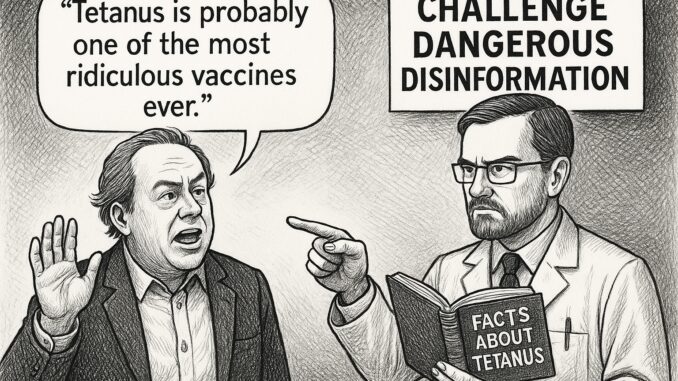 A man debates vaccine safety while another reads a book on tetanus facts.