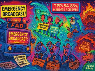 A vibrant, chaotic collage of protest signs and slogans with psychedelic art style.
