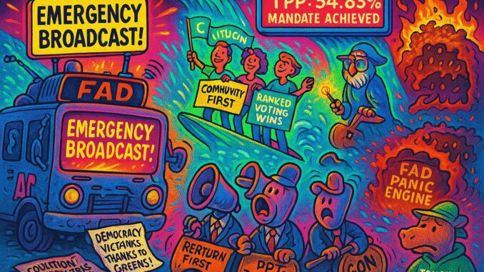A vibrant, chaotic collage of protest signs and slogans with psychedelic art style.