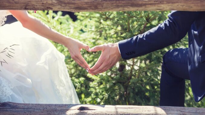 Bride and groom holding hands through a wooden fence outdoors. Bride and groom holding hands through a wooden fence outdoors.