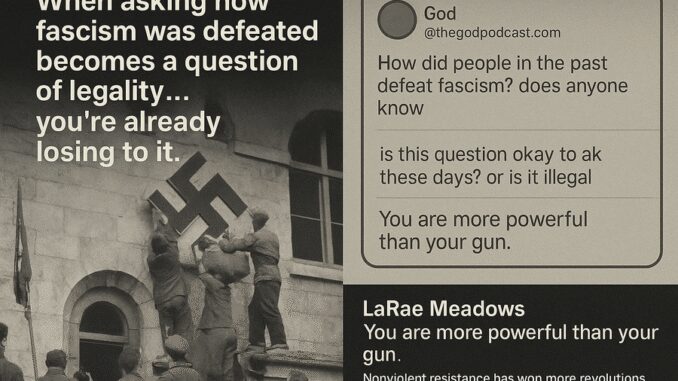 Social media post discussing defeat of Nazism and fascism.