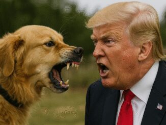 A dog and a man angrily face each other, both barking or shouting.