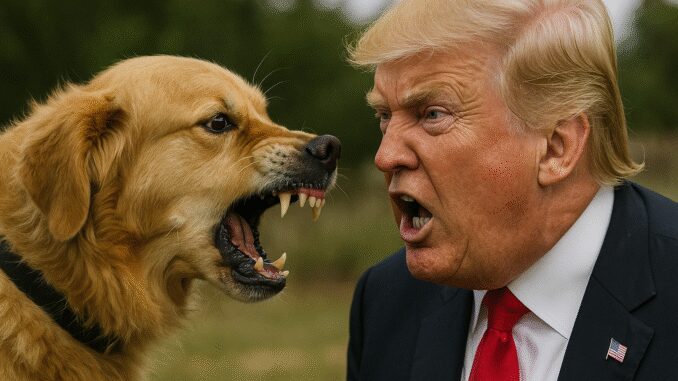 A dog and a man angrily face each other, both barking or shouting.