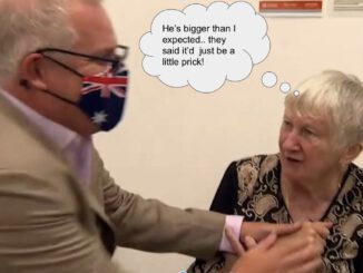 Two older adults exchanging a lighthearted moment, one wearing a mask with a flag design.