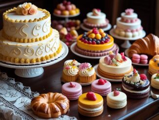 An assortment of beautifully decorated cakes and pastries on display.