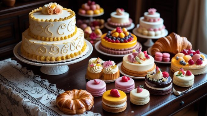 An assortment of beautifully decorated cakes and pastries on display. An assortment of beautifully decorated cakes and pastries on display.