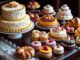 An assortment of beautifully decorated cakes and pastries on display.