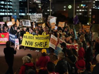 Crowd protesting with signs at night in an urban area.