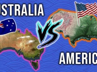 Map comparison illustration between Australia and America with vibrant colors.