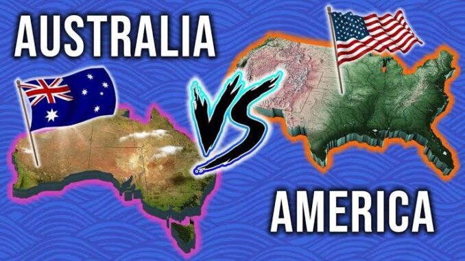 Map comparison illustration between Australia and America with vibrant colors.