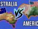 Map comparison illustration between Australia and America with vibrant colors.