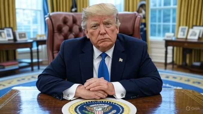 Former President Donald Trump seated at a desk in the Oval Office.