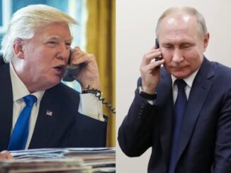 Donald Trump and Vladimir Putin talking on phones.