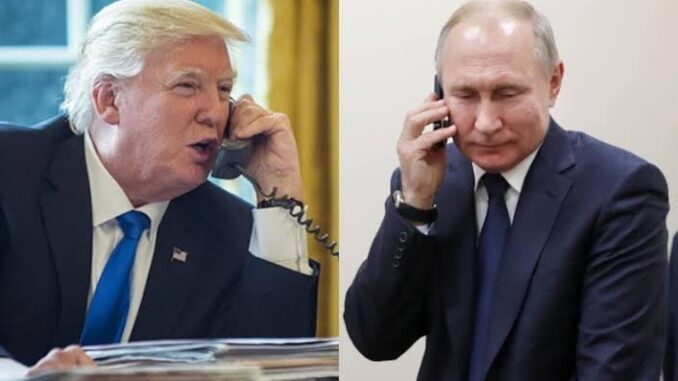 Donald Trump and Vladimir Putin talking on phones.